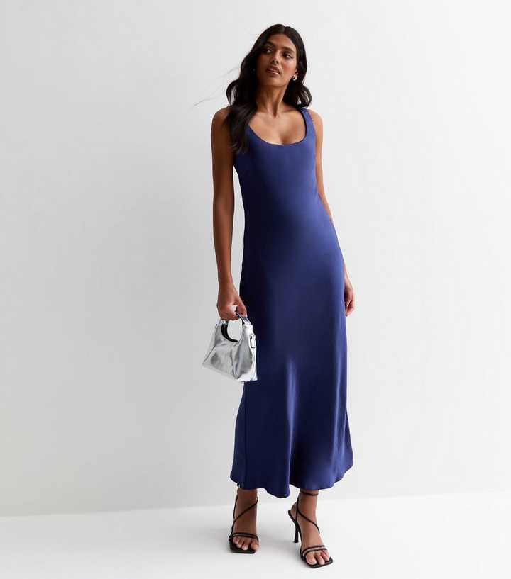 Navy Satin Scoop-Neck Maxi Slip Dress