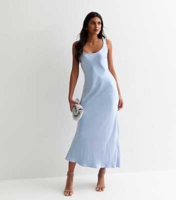 Pale Blue Satin Scoop-Neck Maxi Slip Dress
