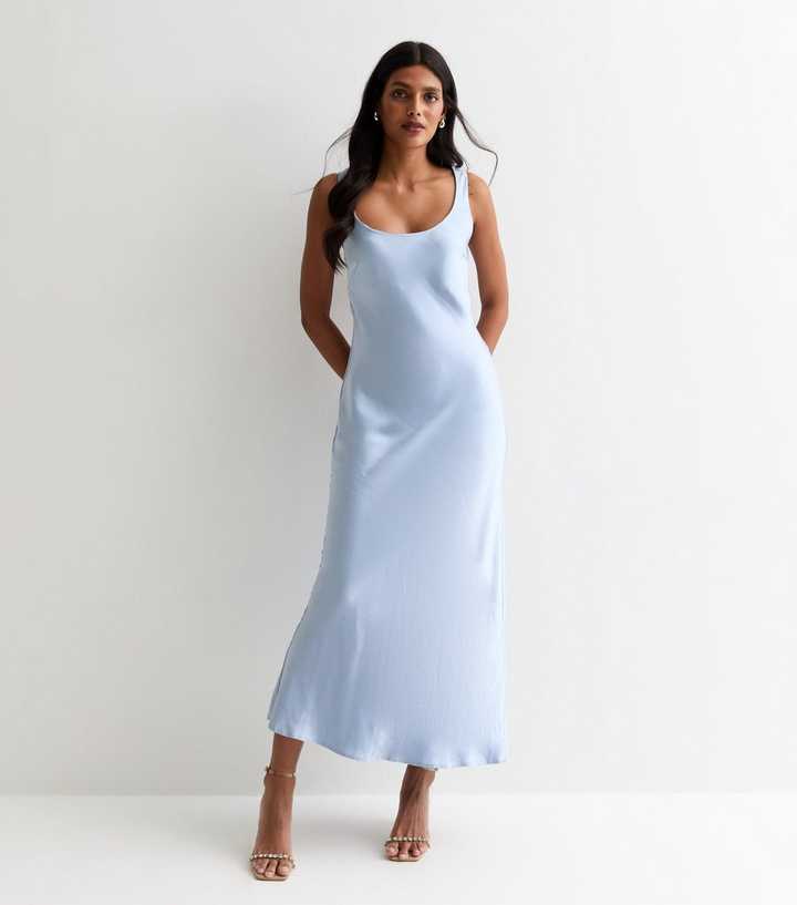 Strapless Bebe Satin Cowl Neck Wrap Dress Steel Blue Maxi Slip