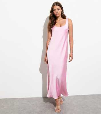 Pink Satin Scoop-Neck Maxi Slip Dress