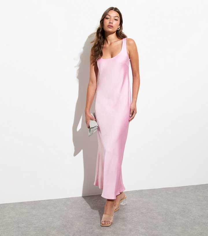 Pink Satin Scoop-Neck Maxi Slip Dress