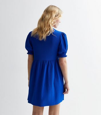 Blue Crinkle Puff Sleeve Smock Mini Dress New Look