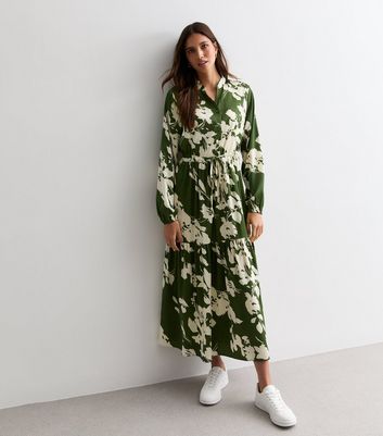 Green Abstract Floral Print Satin Midaxi Dress New Look