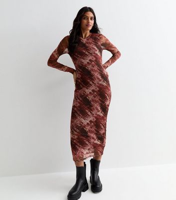 Burgundy Abstract Print Mesh Bodycon Midi Dress New Look