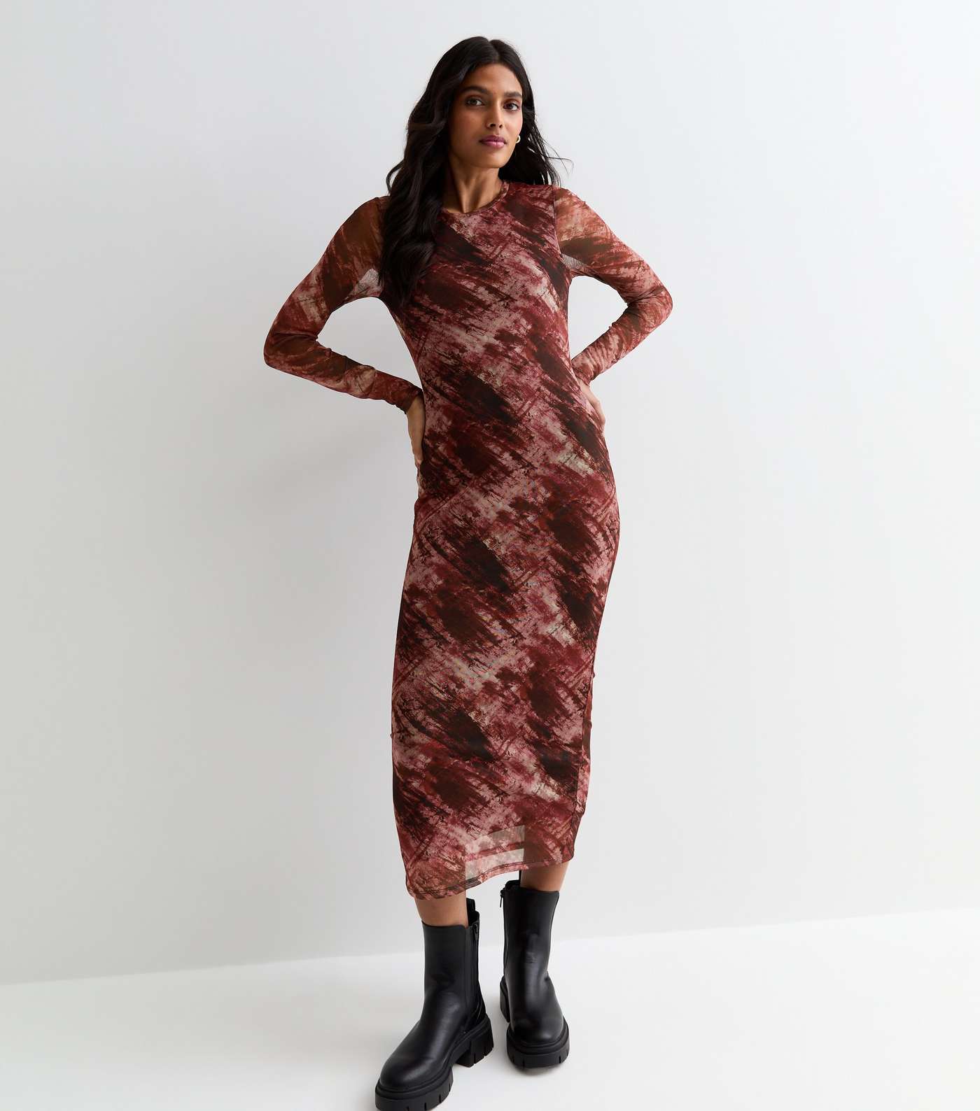 Burgundy Abstract Print Mesh Bodycon Midi Dress Image 3