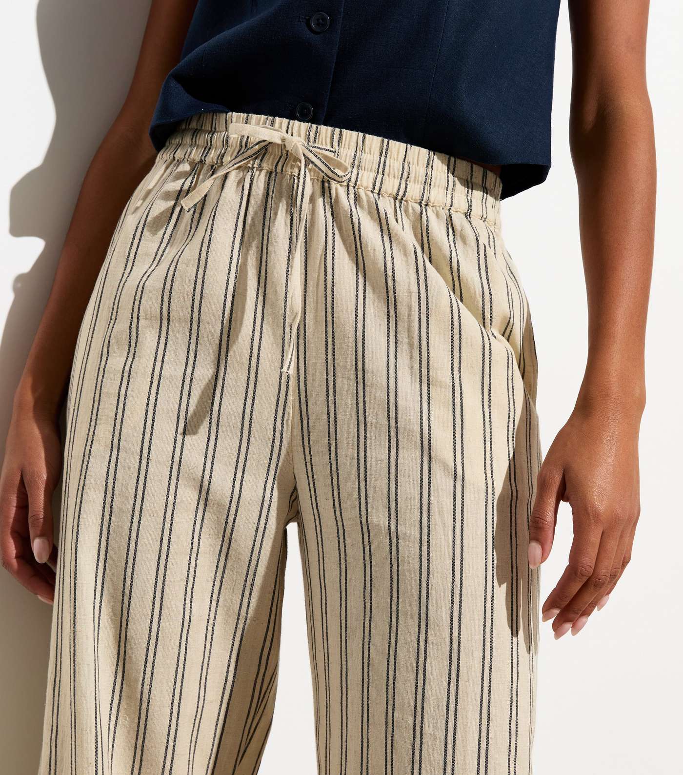 Off White Stripe Cotton Linen Blend Wide Leg Trousers Image 3