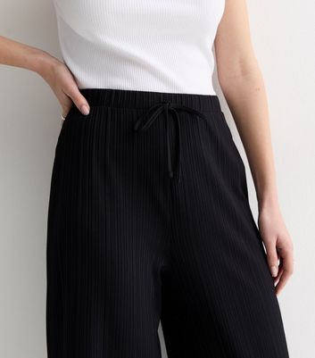 Black Ribbed Drawstring Wide Leg Crop Trousers New Look