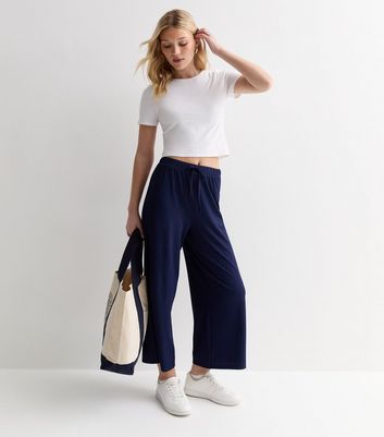 Navy Ribbed Drawstring Wide Leg Crop Trousers New Look