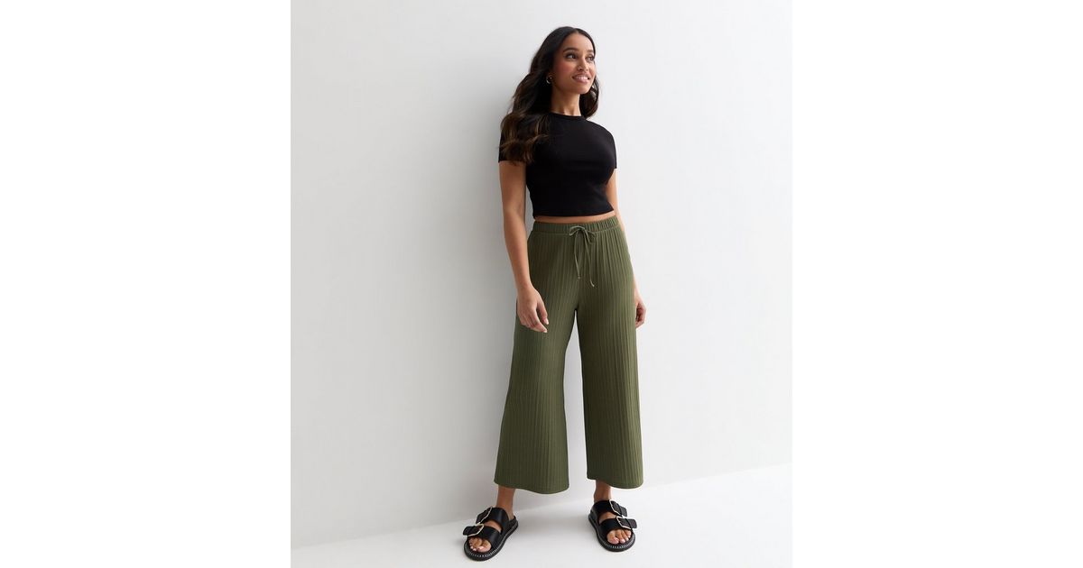 Khaki Ribbed Drawstring Wide Leg Crop Trousers