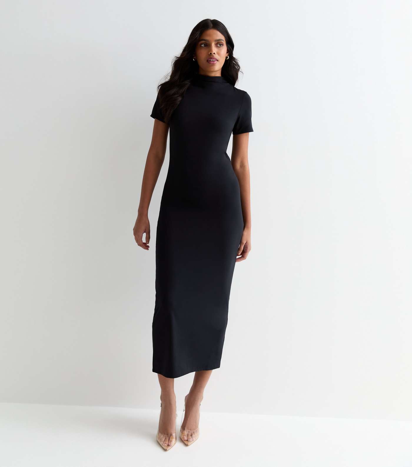 Black Slinky High Neck Midi Dress Image 3