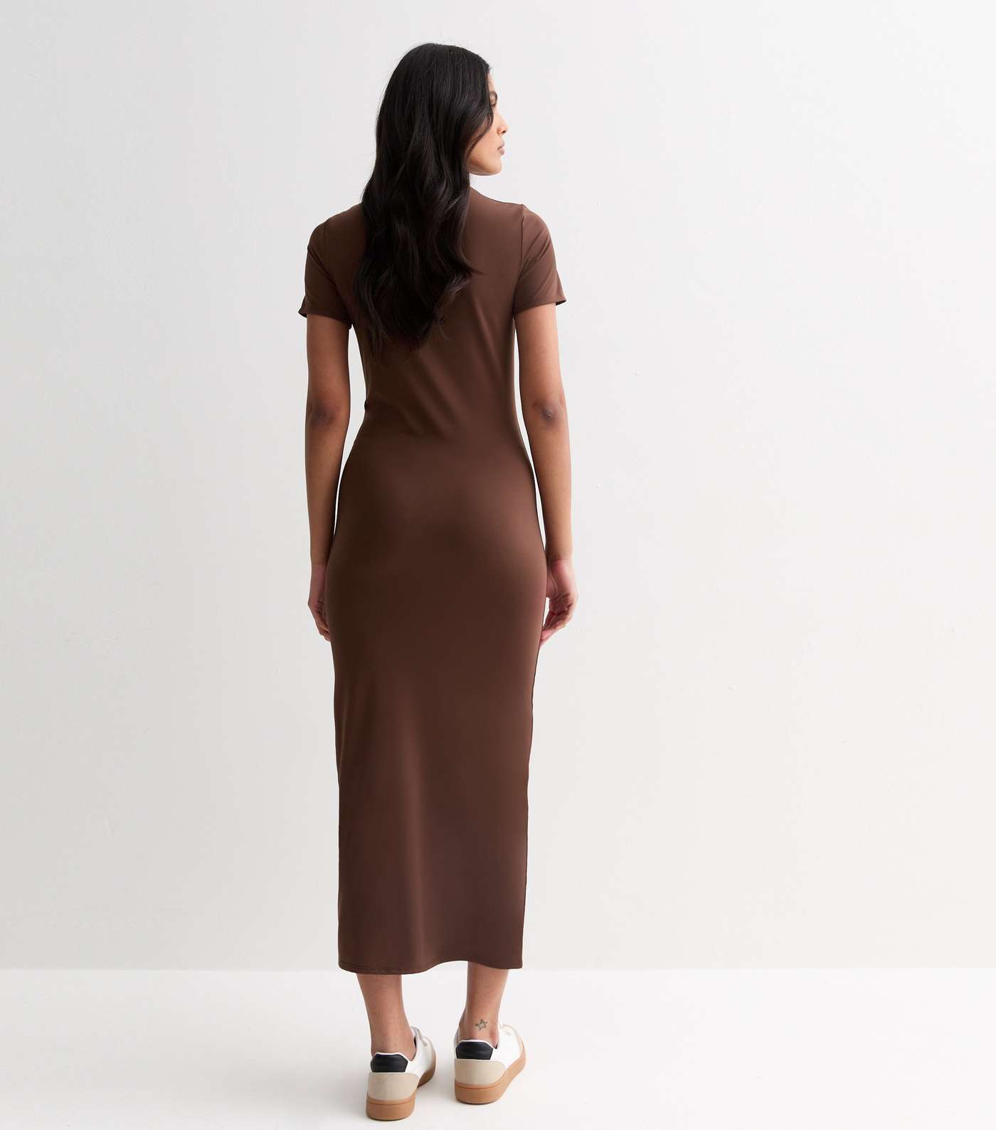 Dark Brown Slinky High Neck Midi Dress Image 4