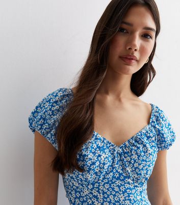 Blue Ditsy Floral Milkmaid Mini Dress New Look