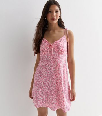 Pink Floral Tie Front Mini Dress New Look