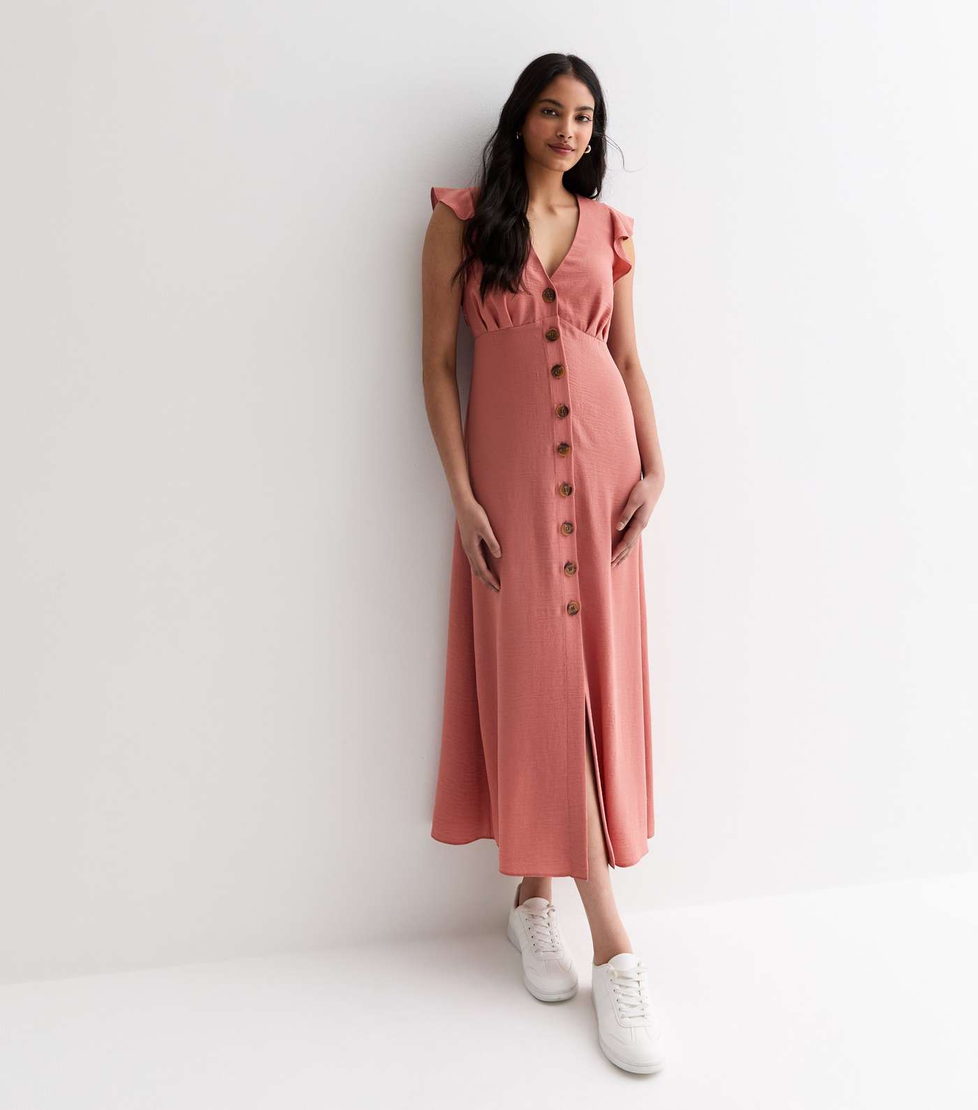 Pink Frill Sleeve Button Midi Dress Image 3
