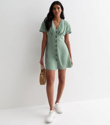 Light Green V Neck Button Front Mini Dress