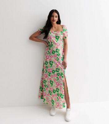 Green Floral Puff Sleeve Cotton Maxi Dress New Look