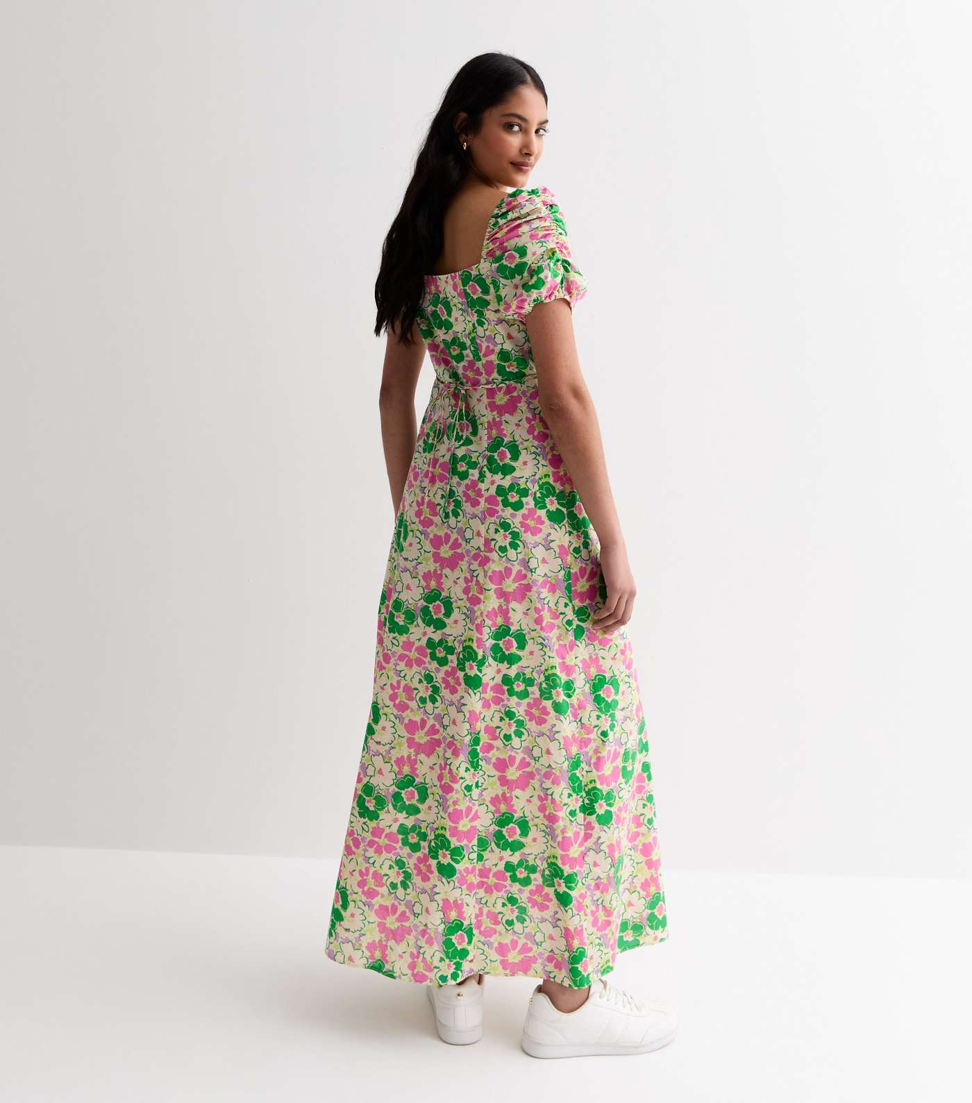 Green Floral Puff Sleeve Cotton Maxi Dress Image 4