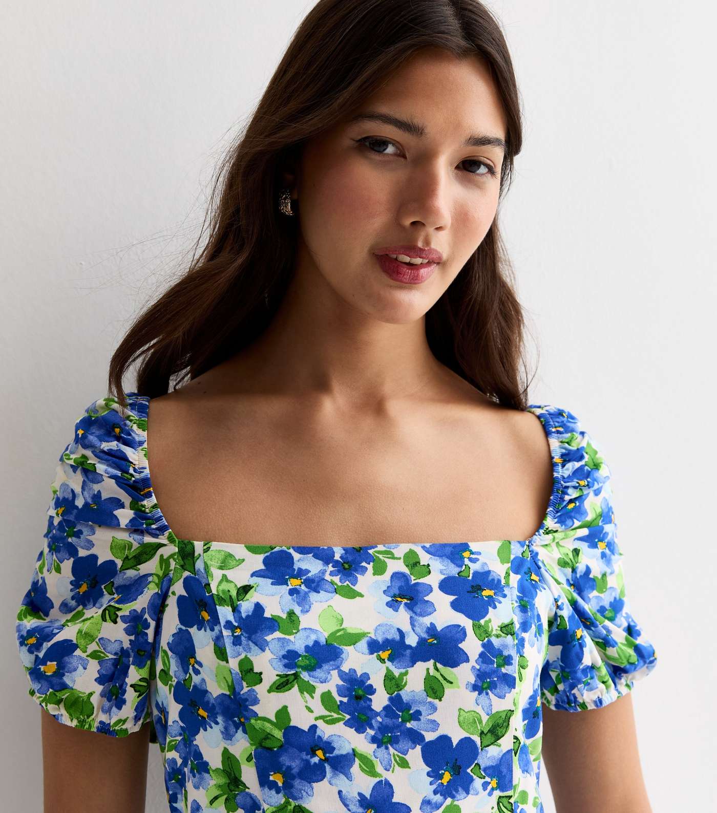 Blue Floral Puff Sleeve Split Hem Maxi Dress Image 3