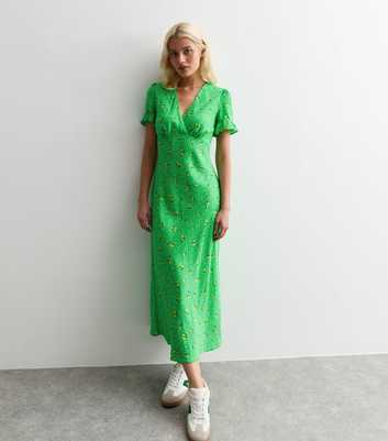 Green Lemon Print Frill Sleeve Midi Dress