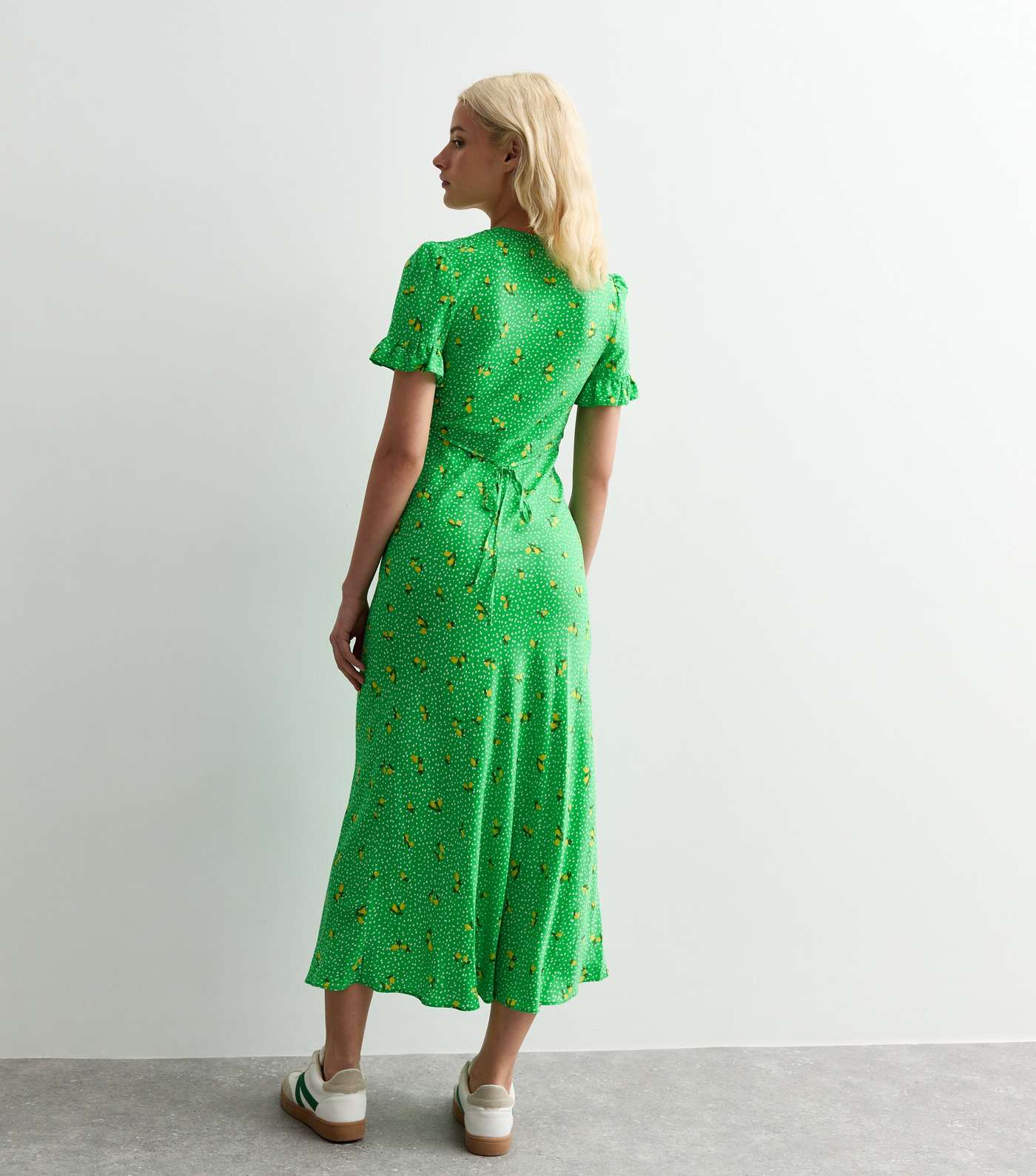 Green Lemon Print Frill Sleeve Midi Dress Image 4