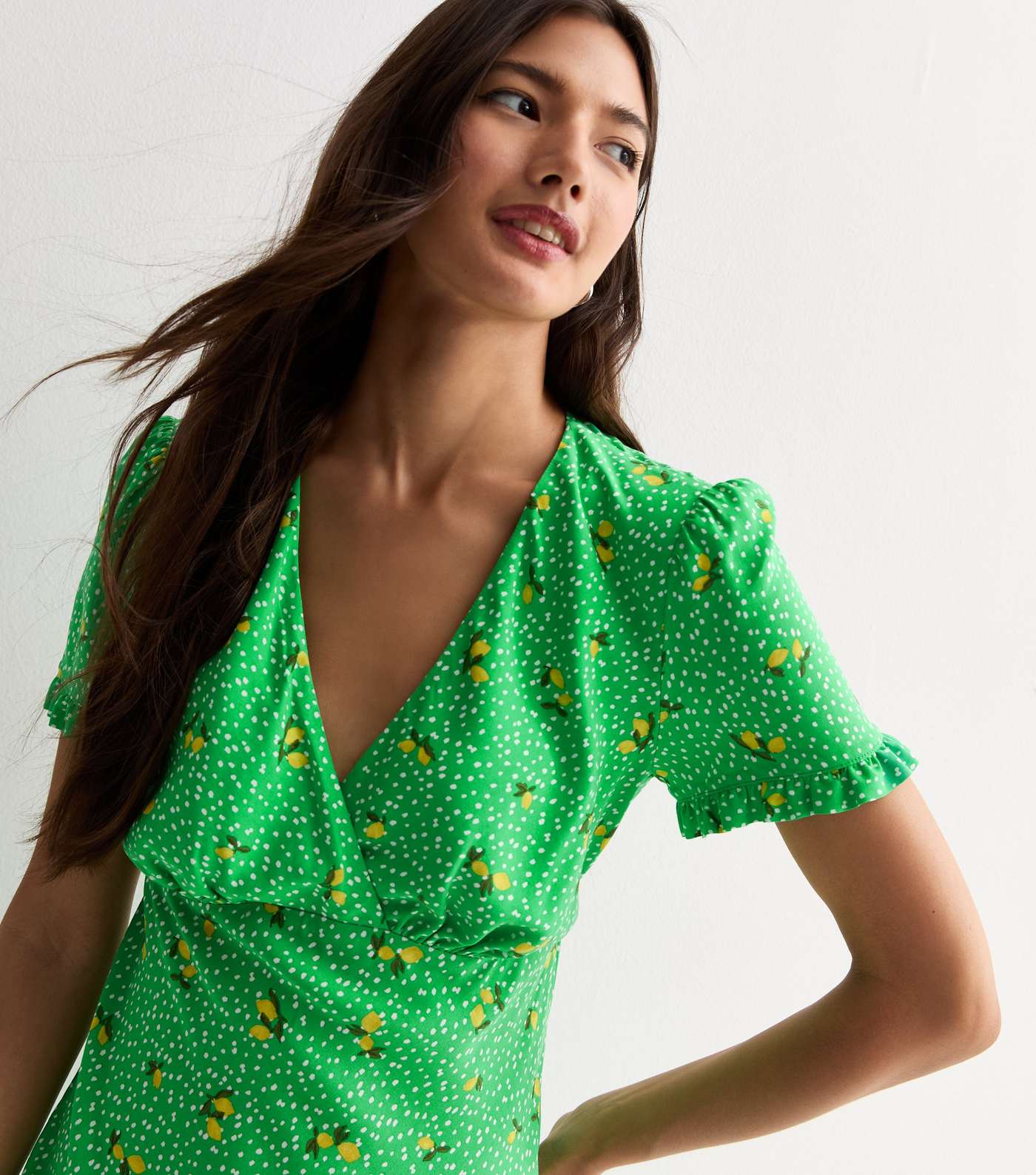 Green Lemon Print Frill Sleeve Mini Dress Image 2