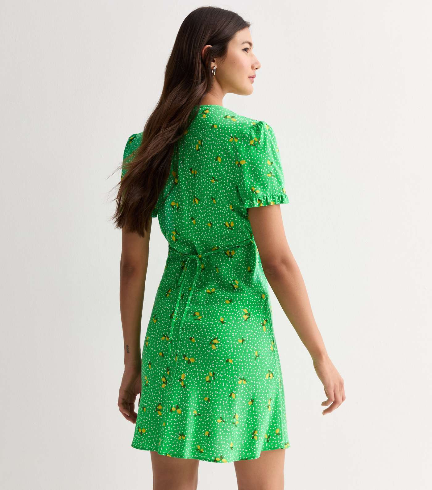 Green Lemon Print Frill Sleeve Mini Dress Image 4
