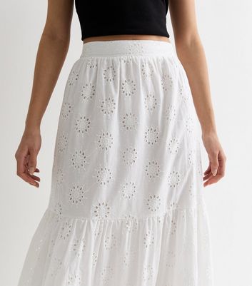 Gini London White Tiered Lace Embroidered Maxi Skirt New Look