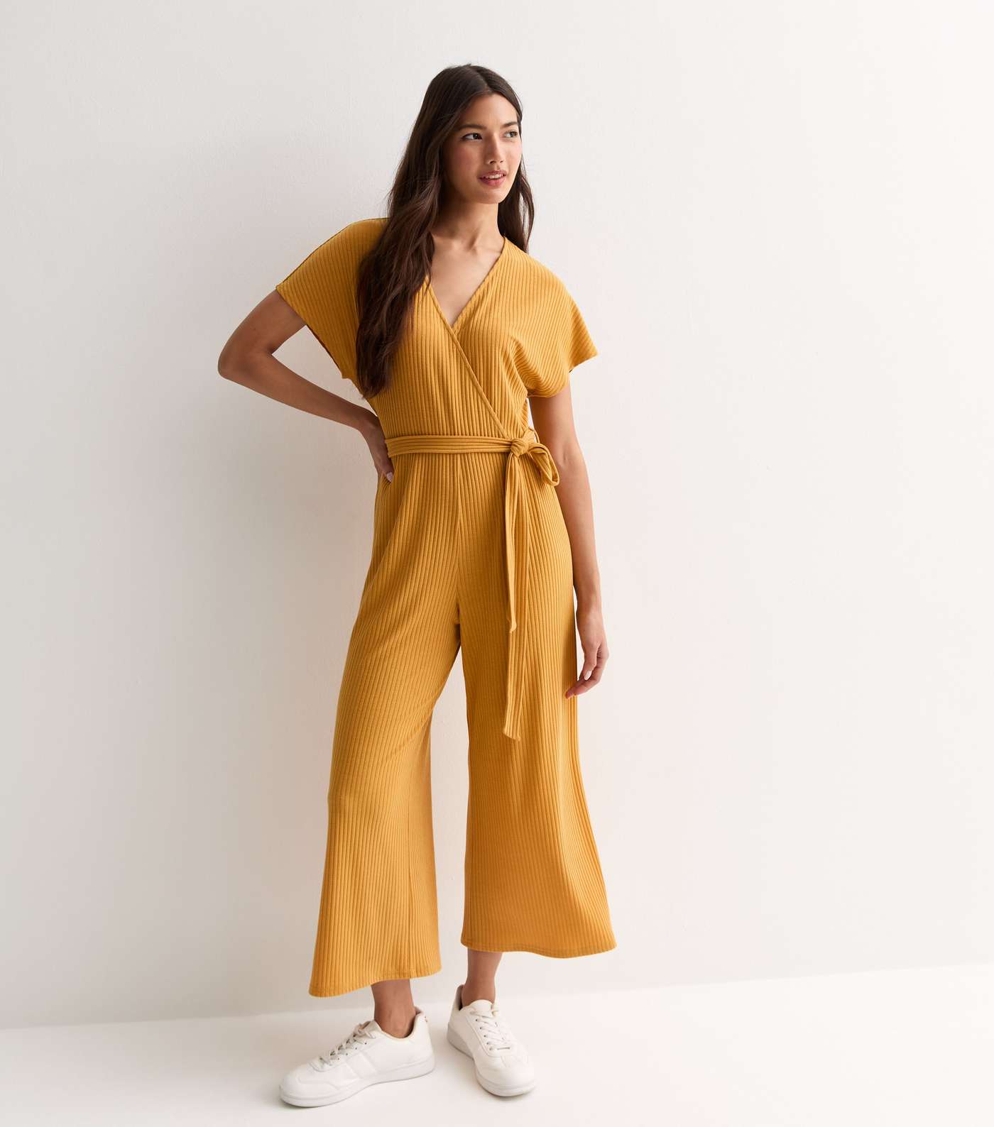 Mustard Ribbed Wrap Jumpsuit Image 3