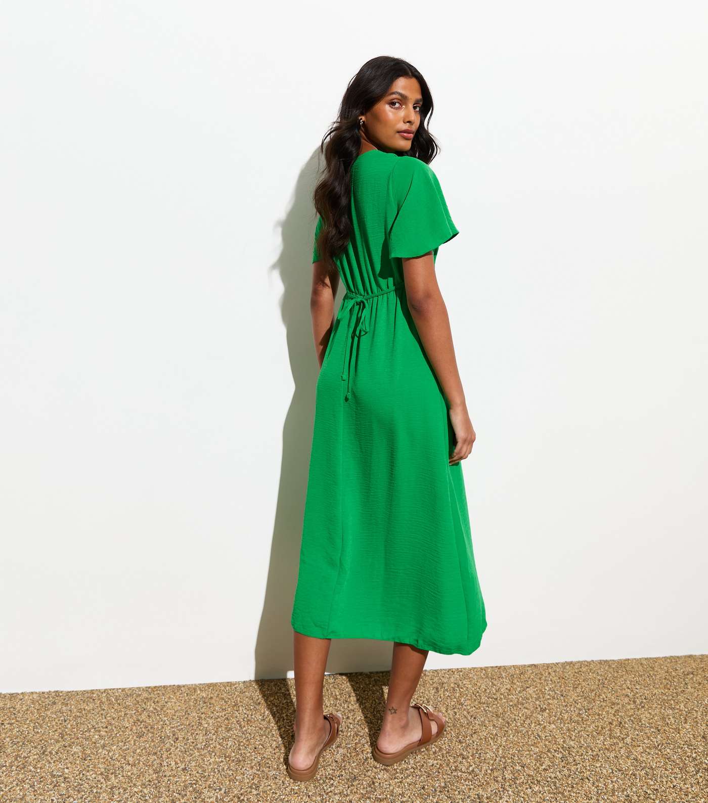 Green Lace Trim Button Front Midi Dress Image 4