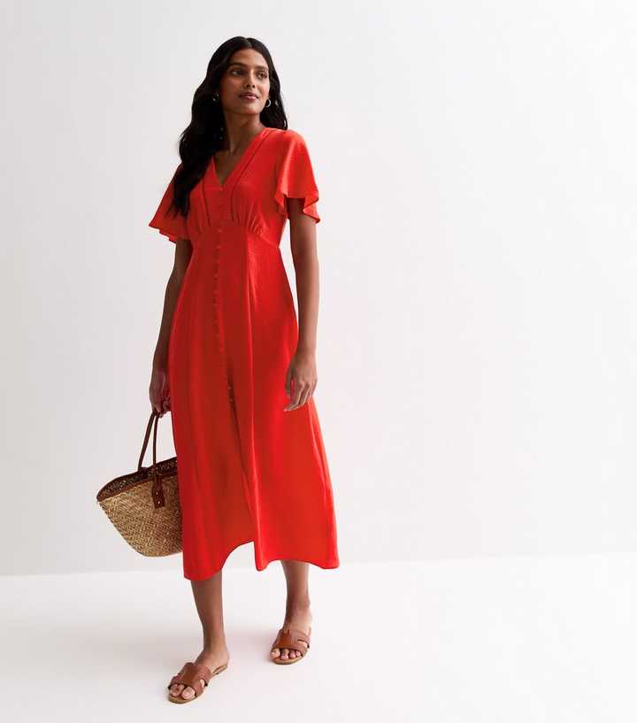 Red Lace Trim Button Front Midi Dress
