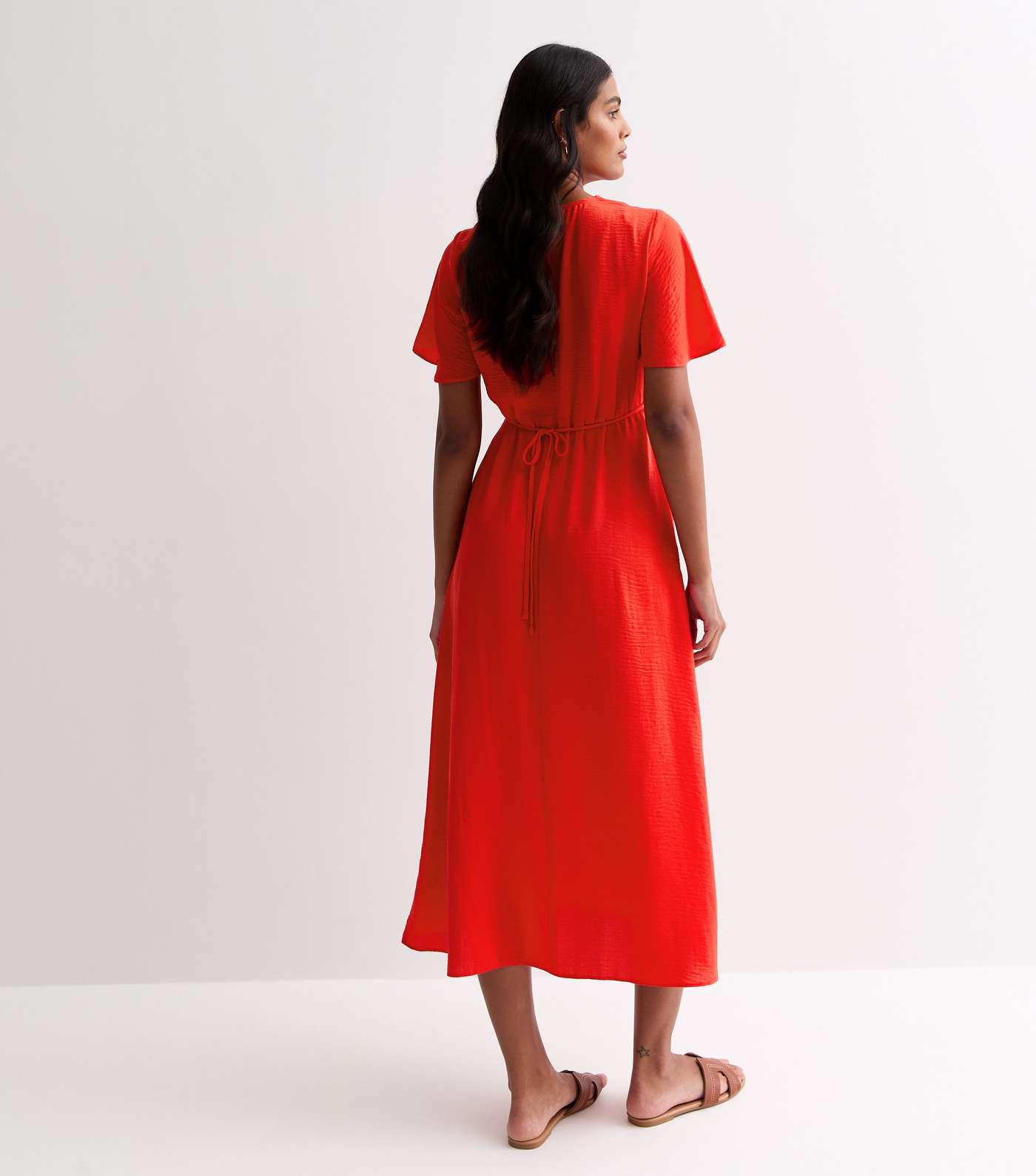 Red Lace Trim Button Front Midi Dress Image 4