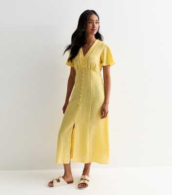 Yellow Lace Trim Button Front Midi Dress