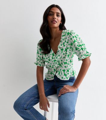 Green Floral Ruffle Top New Look