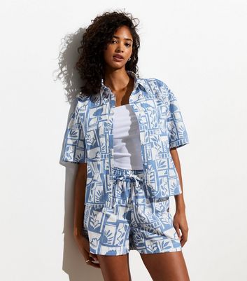 Blue Boxy Abstract Print Shirt New Look