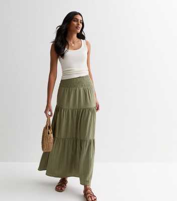 Gini London Olive Tiered Smock Maxi Skirt