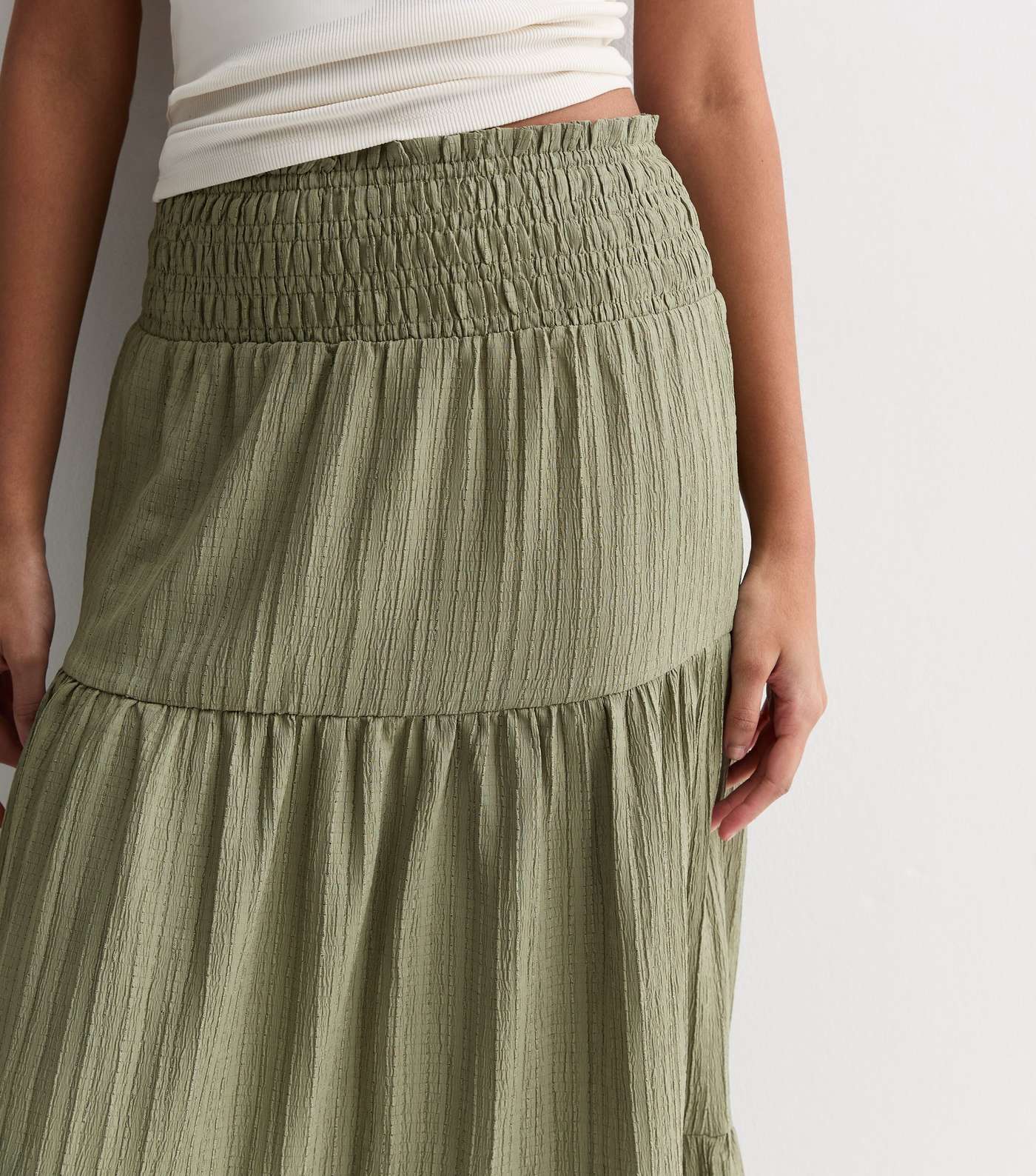 Gini London Olive Tiered Smock Maxi Skirt Image 2