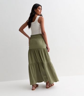 Gini London Olive Tiered Smock Maxi Skirt New Look