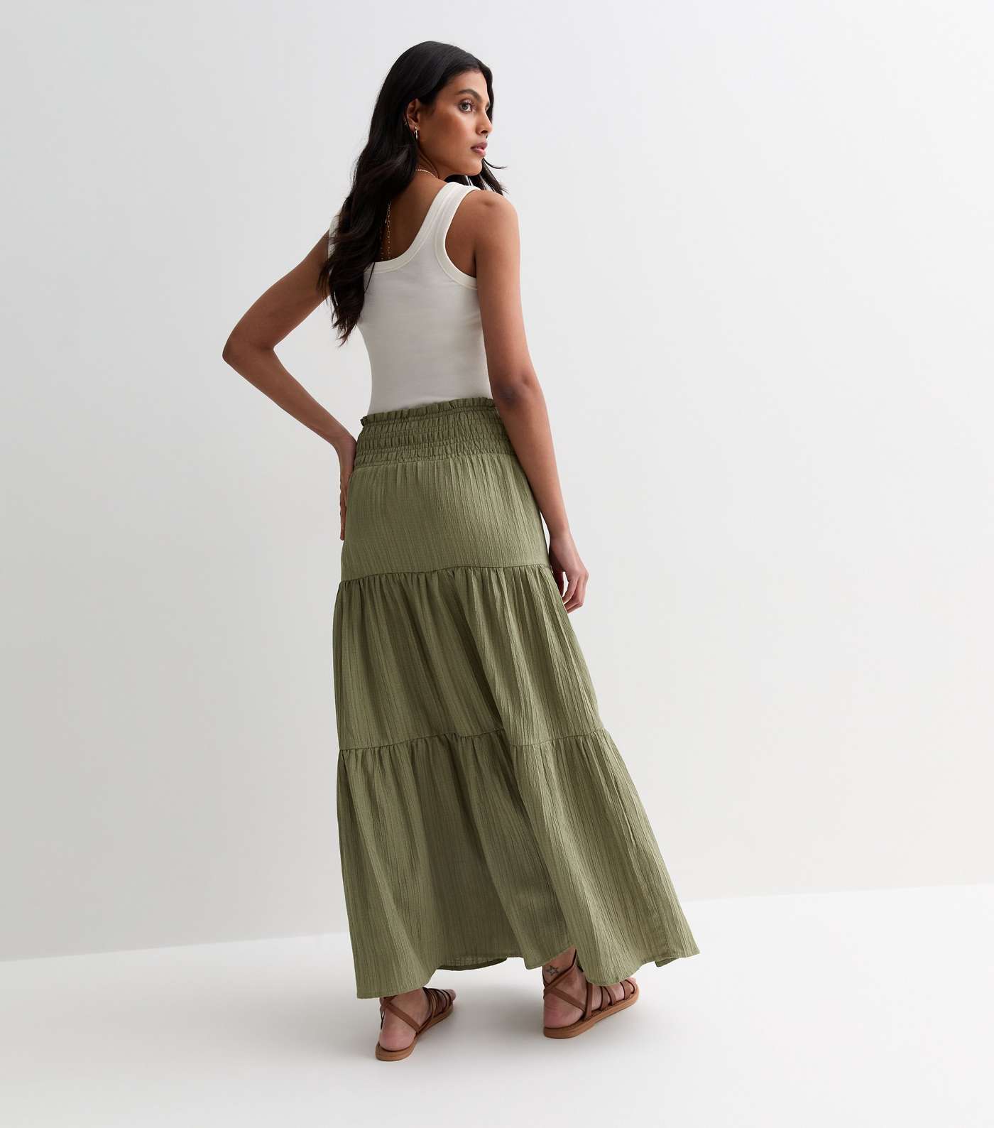 Gini London Olive Tiered Smock Maxi Skirt Image 4