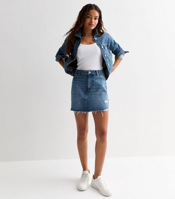 Petite Blue Distressed Denim Mini Skirt New Look