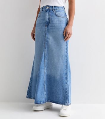 Petite Pale Blue Denim Flared Maxi Skirt New Look