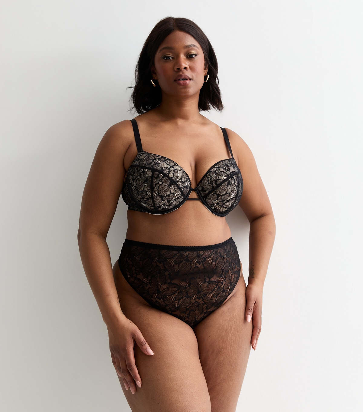 Women's Plus Size Black Butterfly Lace High Waist Thong Curves New Look