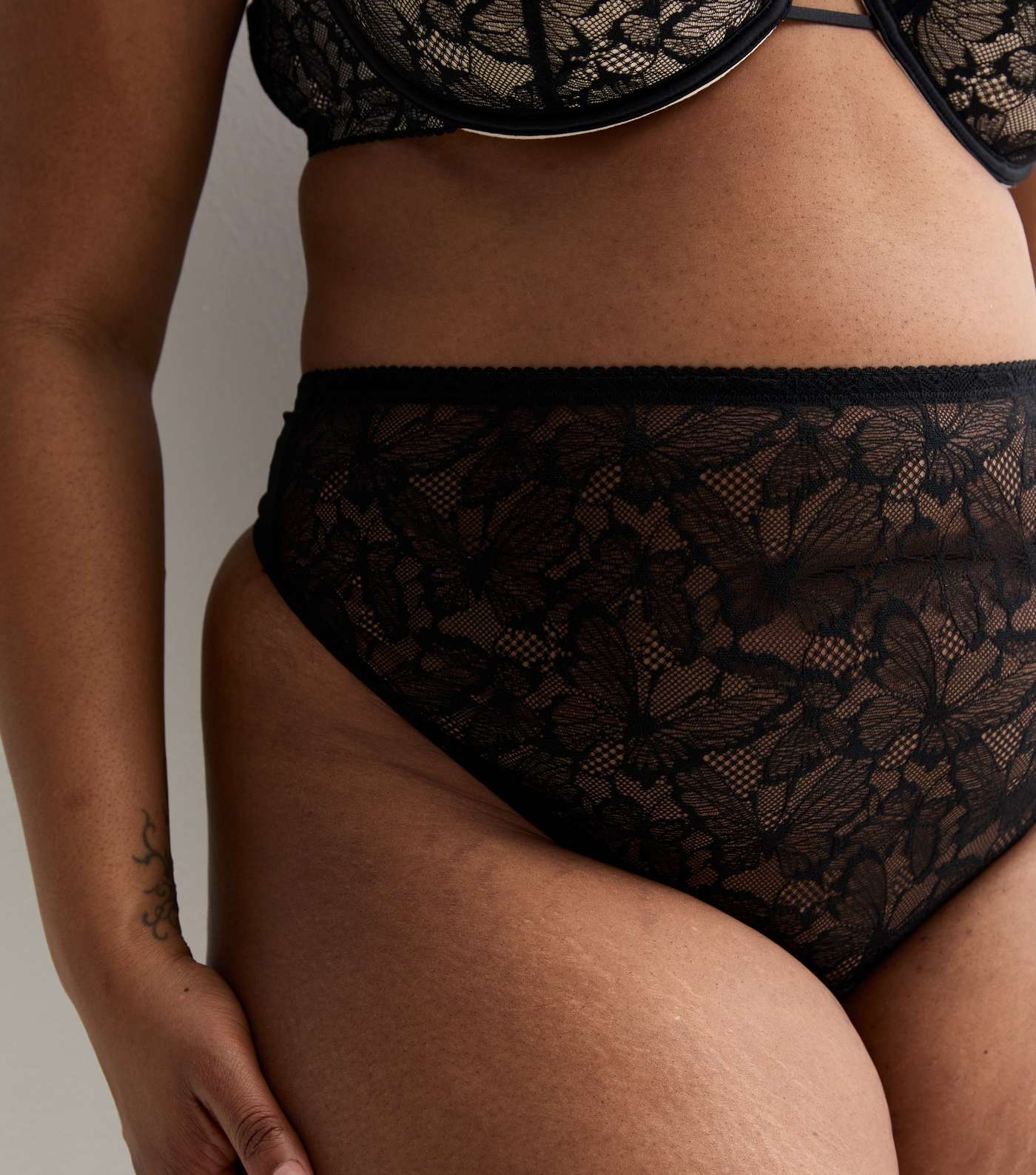 Curves Black Butterfly Lace High Waist Thong Image 3