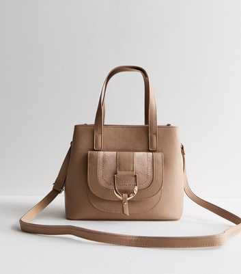 Mink Suedette Leather Look Pocket Midi Tote Bag