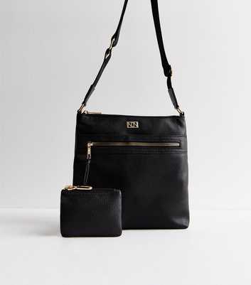 Black Grain Leather-Look Coin Purse Messenger Bag