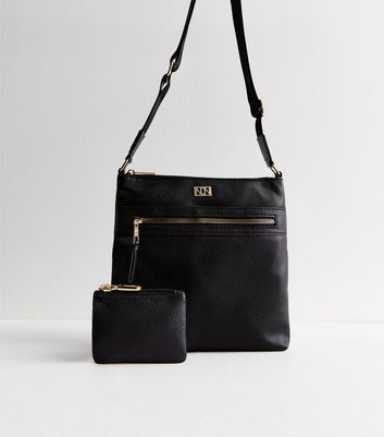 Black Grain Leather Look Coin Purse Messenger Bag New Look