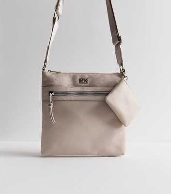 Pale Grey Grain Leather Look Coin Purse Detail Messenger Bag