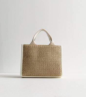 Stone Woven Panel Mini Tote Bag New Look