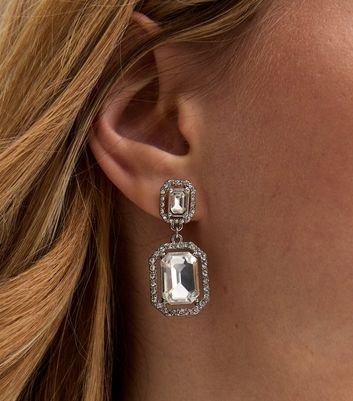 Silver Square Diamante Doorknocker Earrings New Look