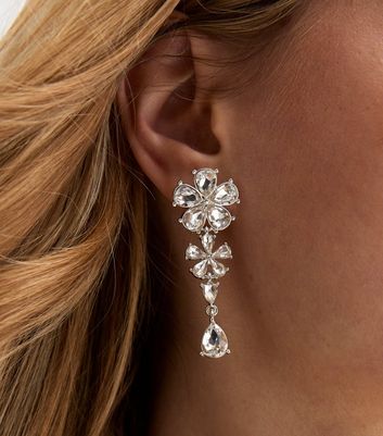 Silver Diamante Flower Teardrop Earrings New Look