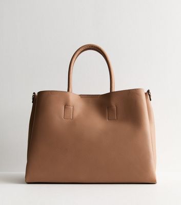 Camel Leather Look Laptop Tote Bag New Look